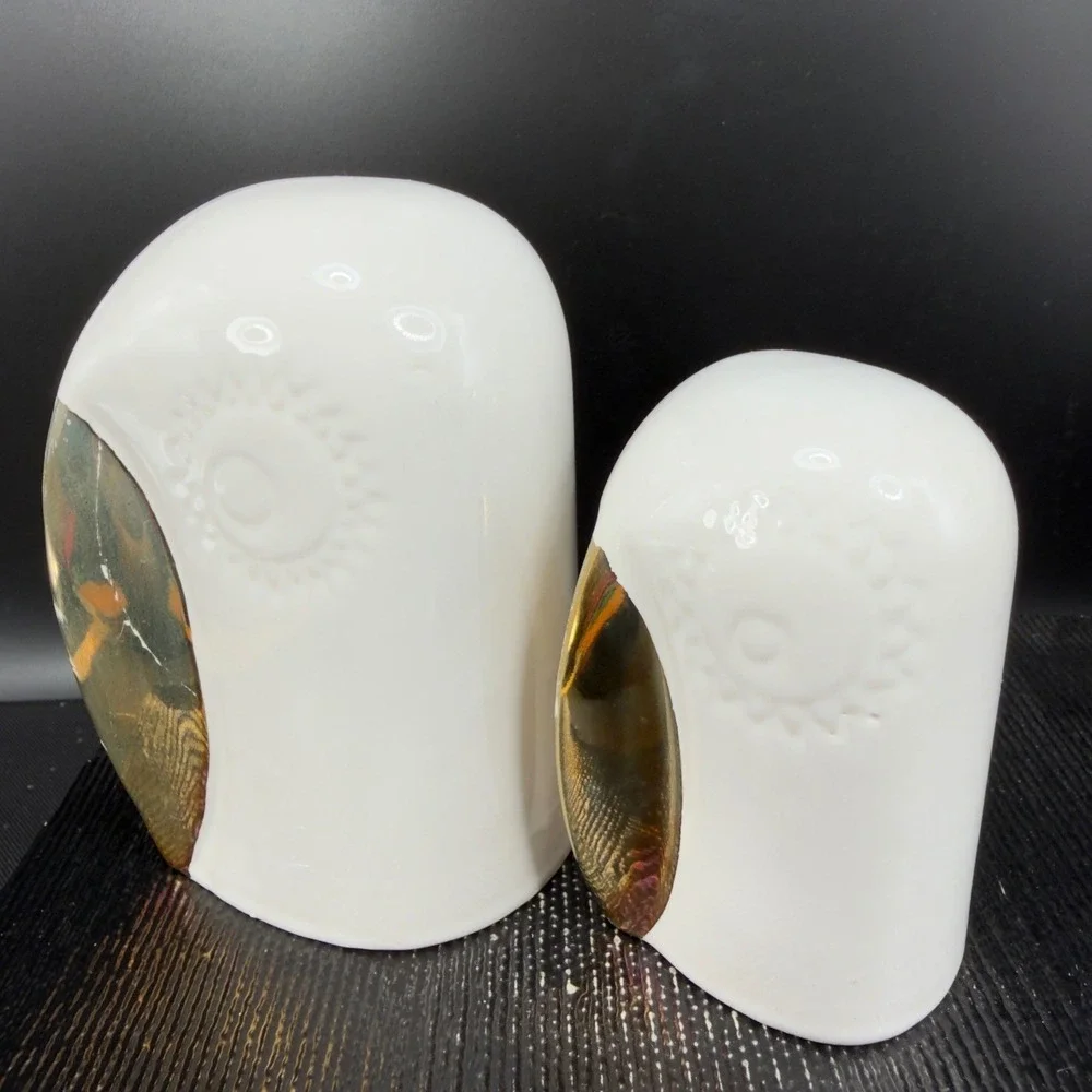 IKEA Ceramic Owl Figurine Set White Gold Metallic Beak Minimalist Decor set of 2